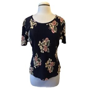 Jaiper Ribbed Satin Floral Navy Blue Blouse Womens M Whimsigoth Cottagecore Boho
